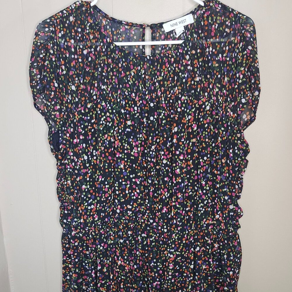 Nine West Sleeveless Black Blouse w/Colorful Polka Dots